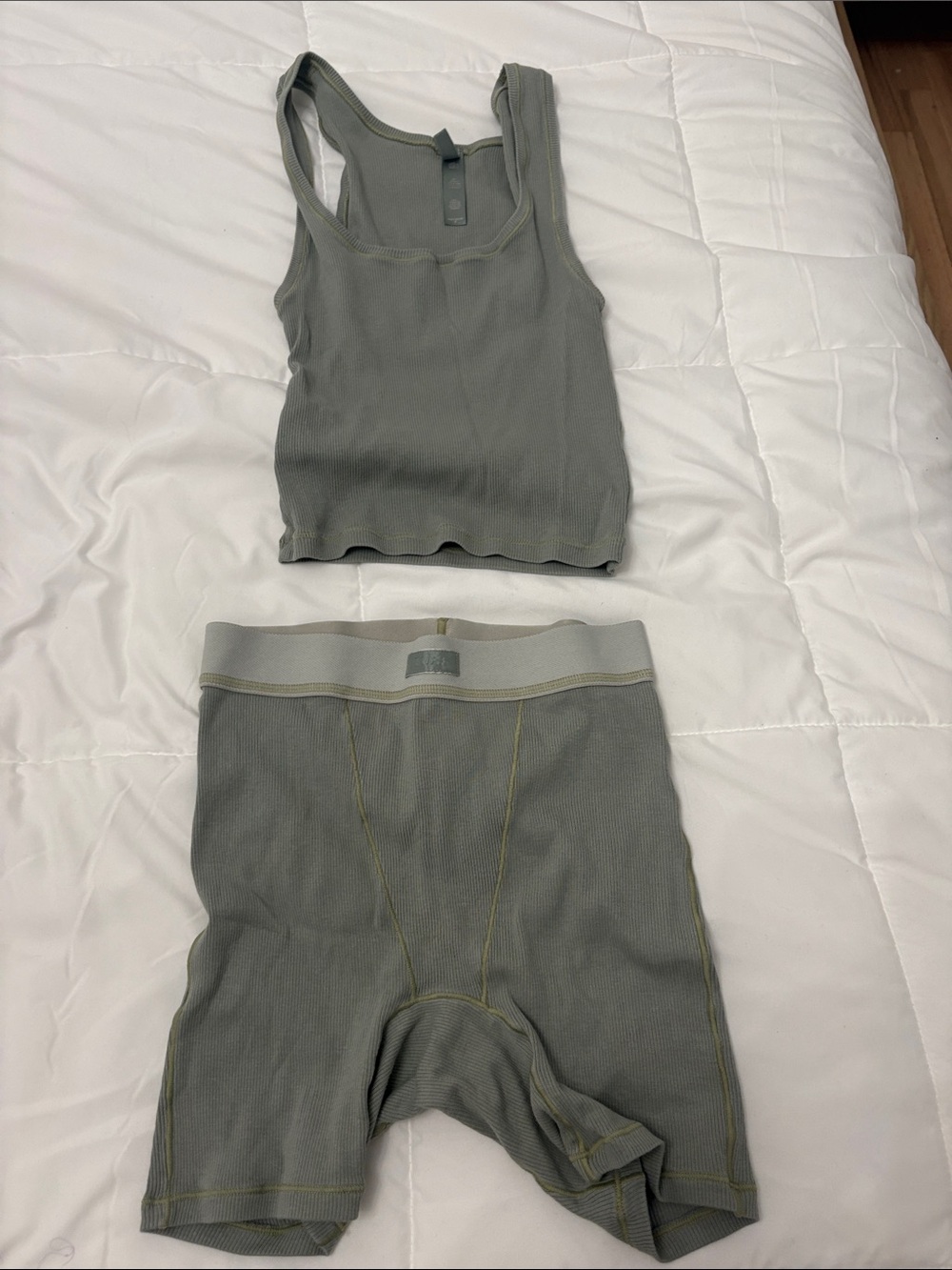 Skims Ribbed Tank Top & Boxer Set in Olive Green